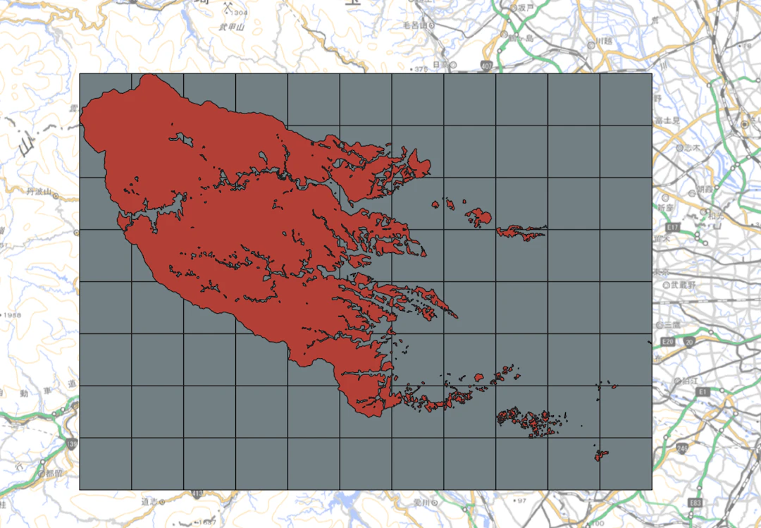 調査エリアを5kmごとに区切ったグリッドと森林地域ポリゴン
