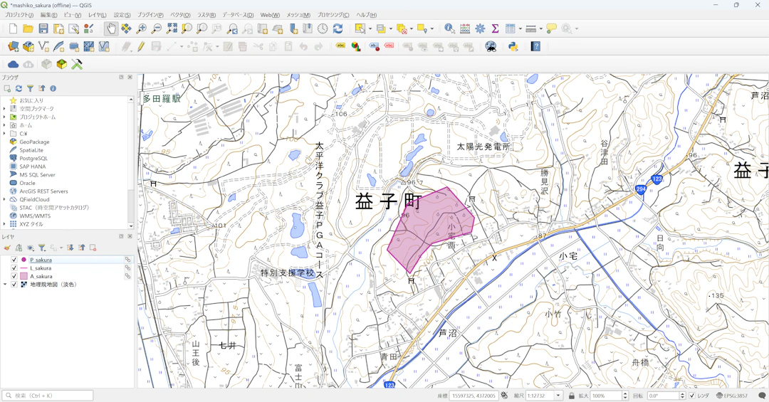追加地物がQGISに反映された（地理院タイルを加工して作成）