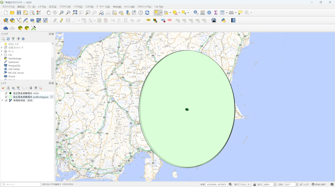 1kmのバッファを作るつもりが、緯度経度の1度でバッファを作ってしまった