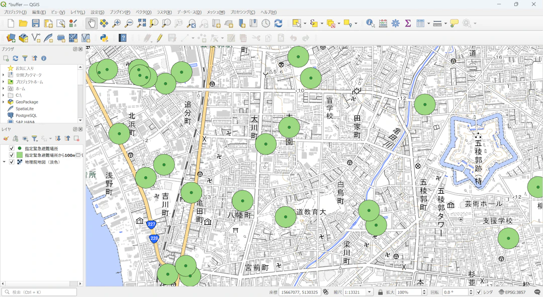 指定緊急避難場所から100mのバッファを作成