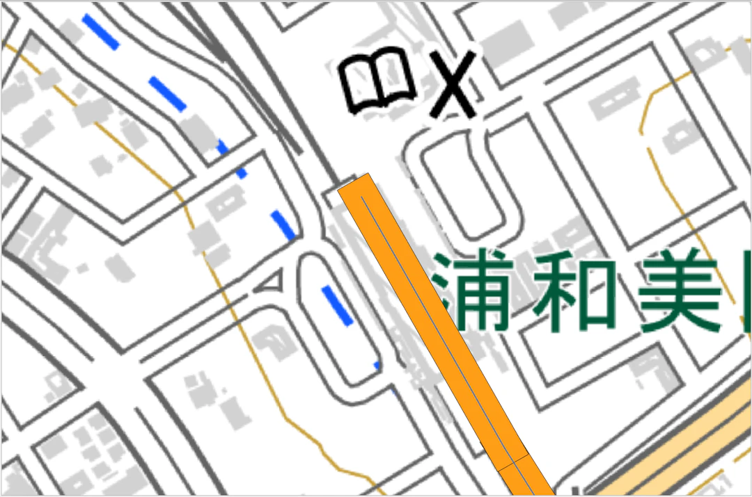 線の先端スタイルを［Square］にしてバッファを作成した（バッファはオレンジ色。青い線はもとの線）