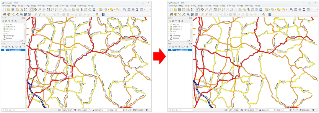 「ラベルの重複禁止」オプションの設定なし(左)と設定あり(右)(©︎OpenStreetMap contributors)