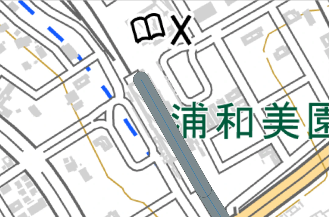 線の先端スタイルを［丸め］にしてバッファを作成した（バッファは灰色。青い線はもとの線）