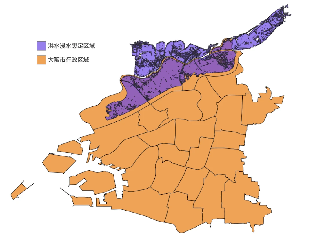 大阪市の行政区域データと洪水浸水想定区域データ