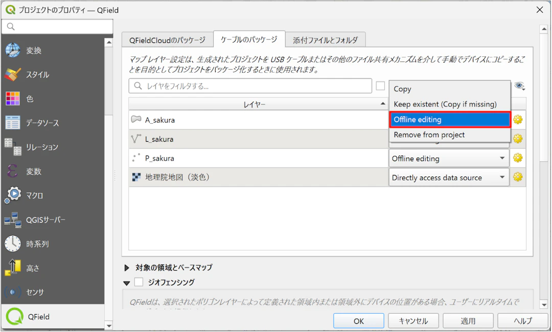 「パッケージアクション」から［Offline editing］オプションを指定