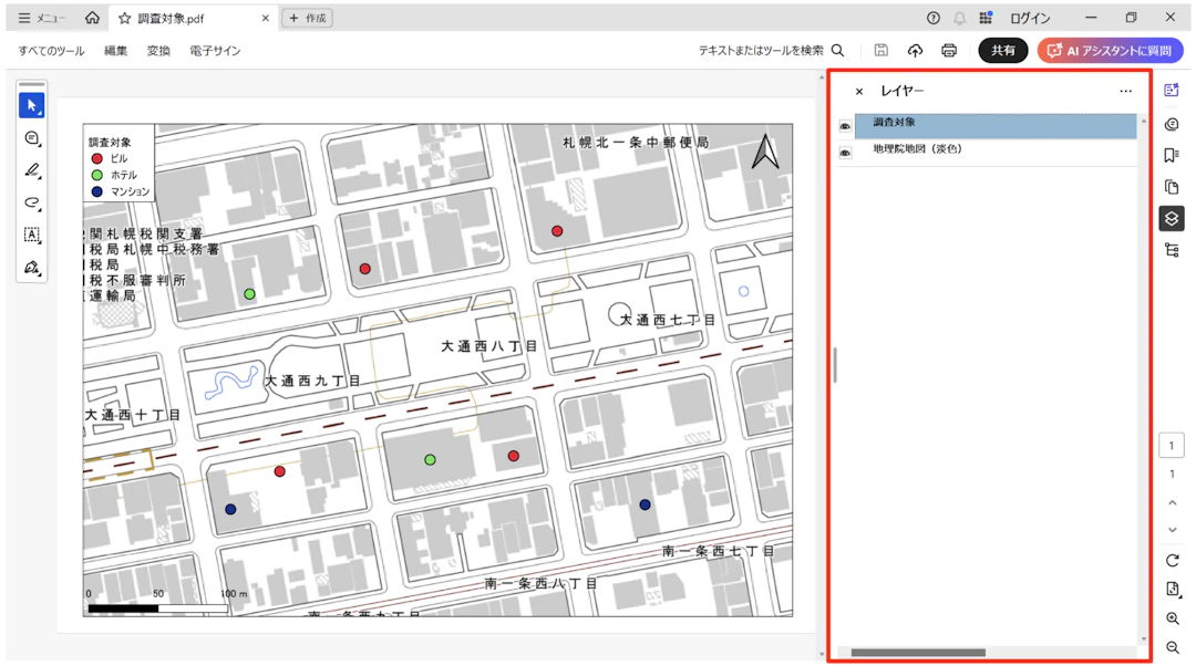 レイヤーパネルが表示される(地理院タイルを背景にして作成)