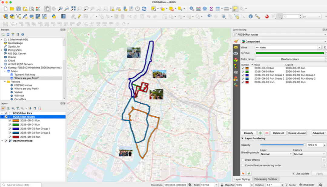 発表前のQGIS上のFOSS4Runのルート