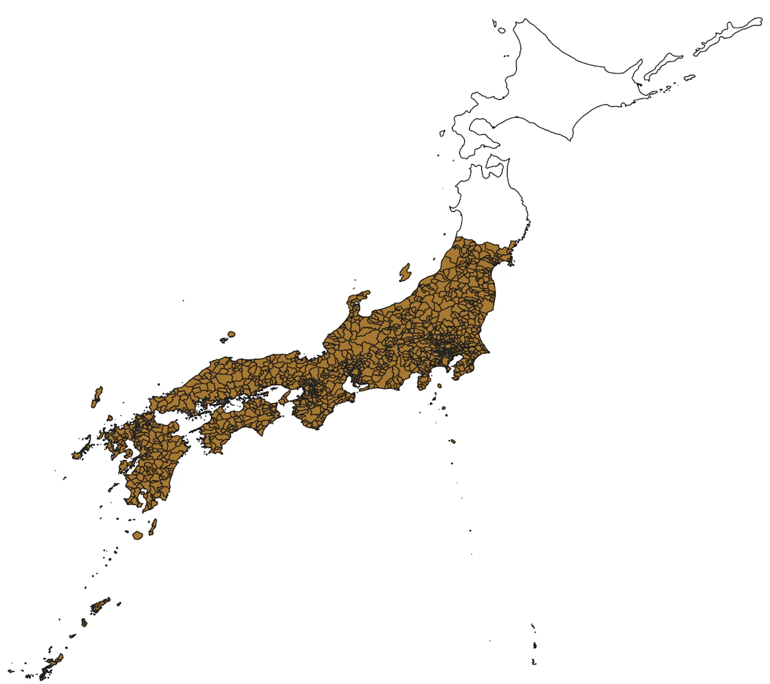Hokkai Do、Aomori Ken、Akita Ken、Iwate Ken以外が表示される。（地球地図日本（国土地理院）を加工して作成）