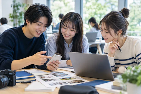 学生がパソコンとスマートフォンを使って広報を企画するイメージ
