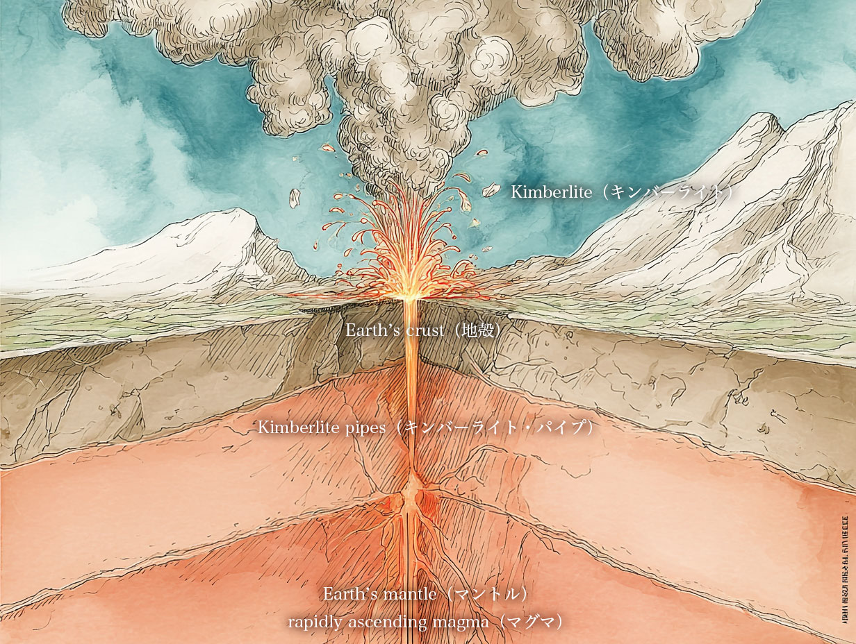 ダイヤモンドを地表へと一気に運び上げる、天然のエレベーターのような役割のキンバーライト