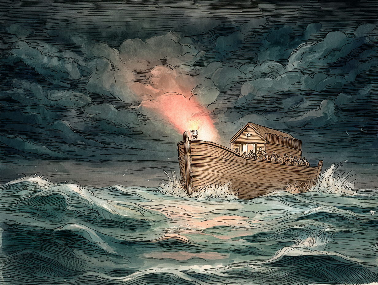 ノアの物語の「箱舟」が、夜の嵐の荒れた海に浮かんでいる