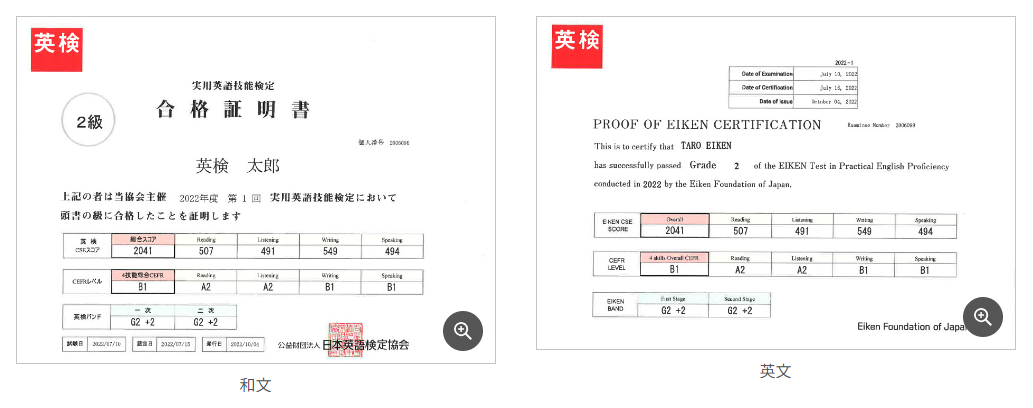 公益財団法人日本英語検定協会「合格証明書サンプル」