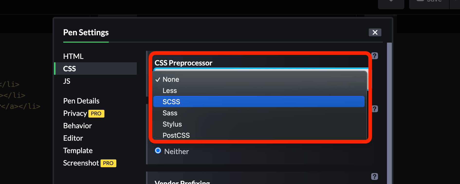 CodePen CSS Preprocessorを選択