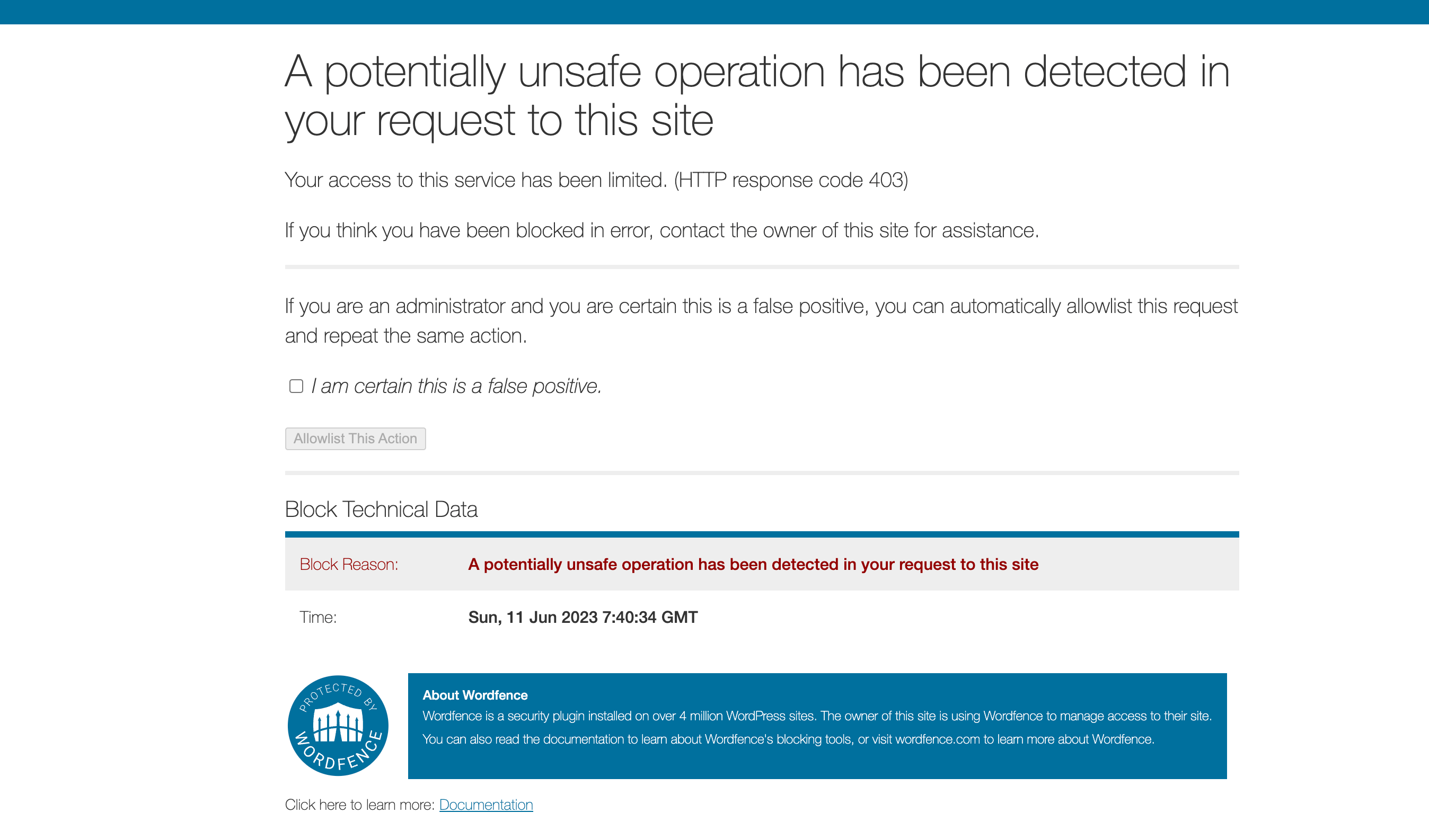 A potentially unsafe operation has been detected in your request to this siteの画面
