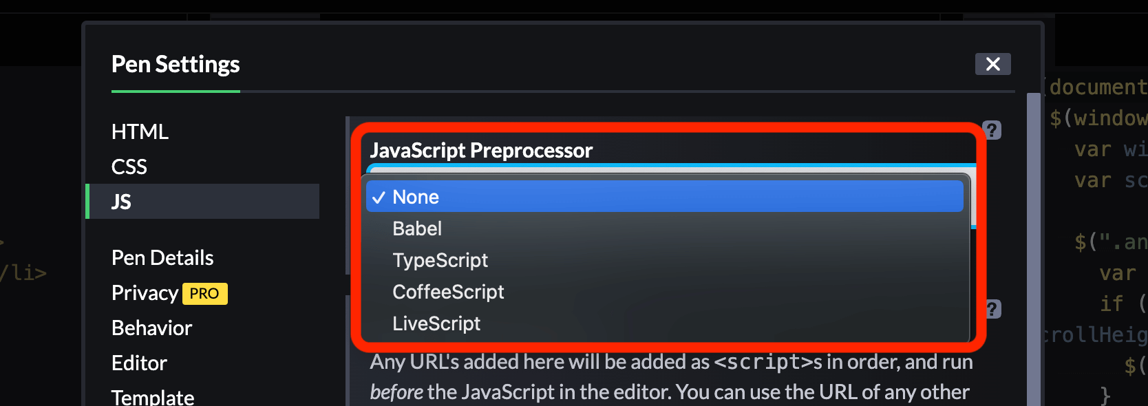 CodePen JavaScript Preprocessorを選択