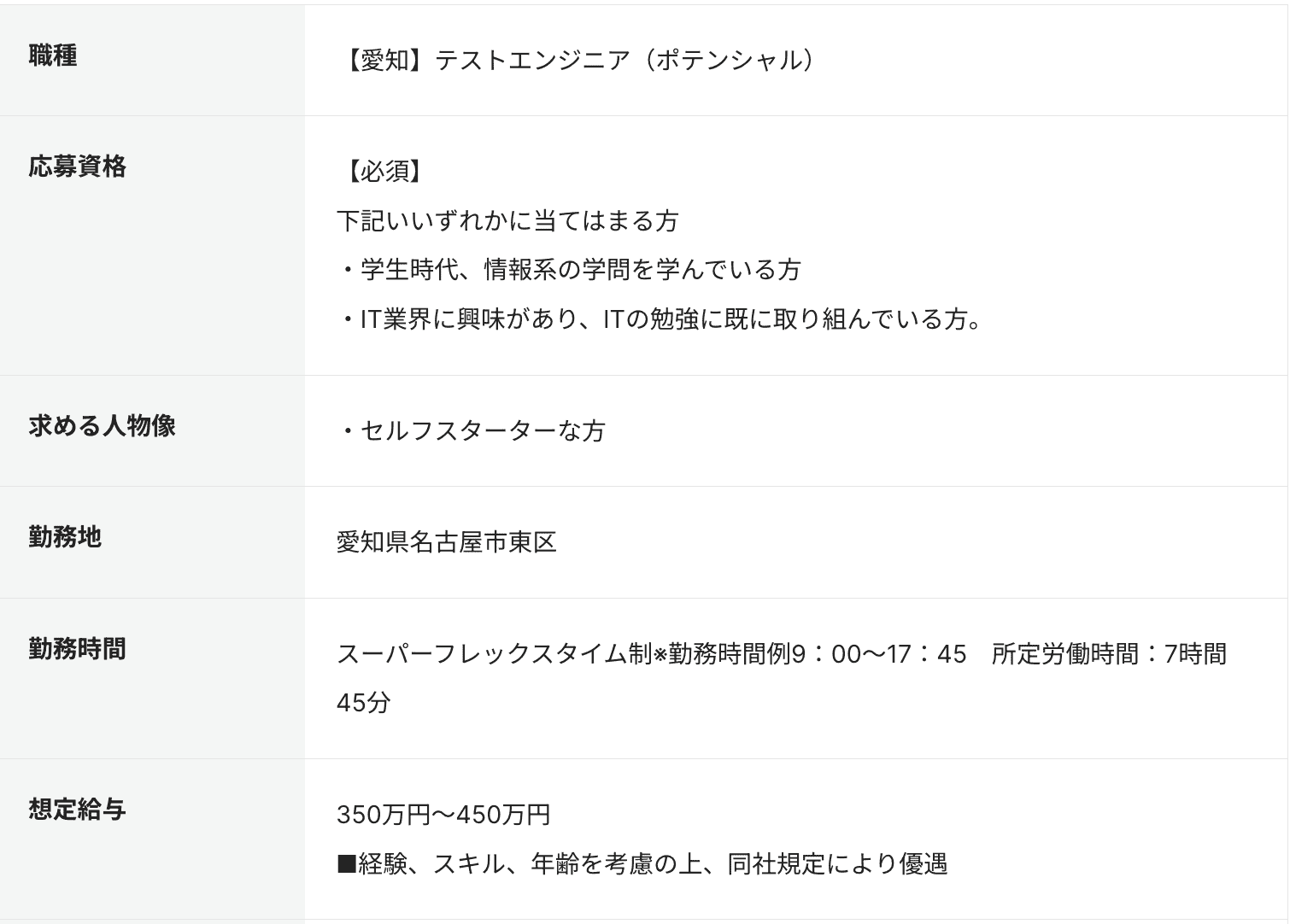 テストエンジニアの求人例
