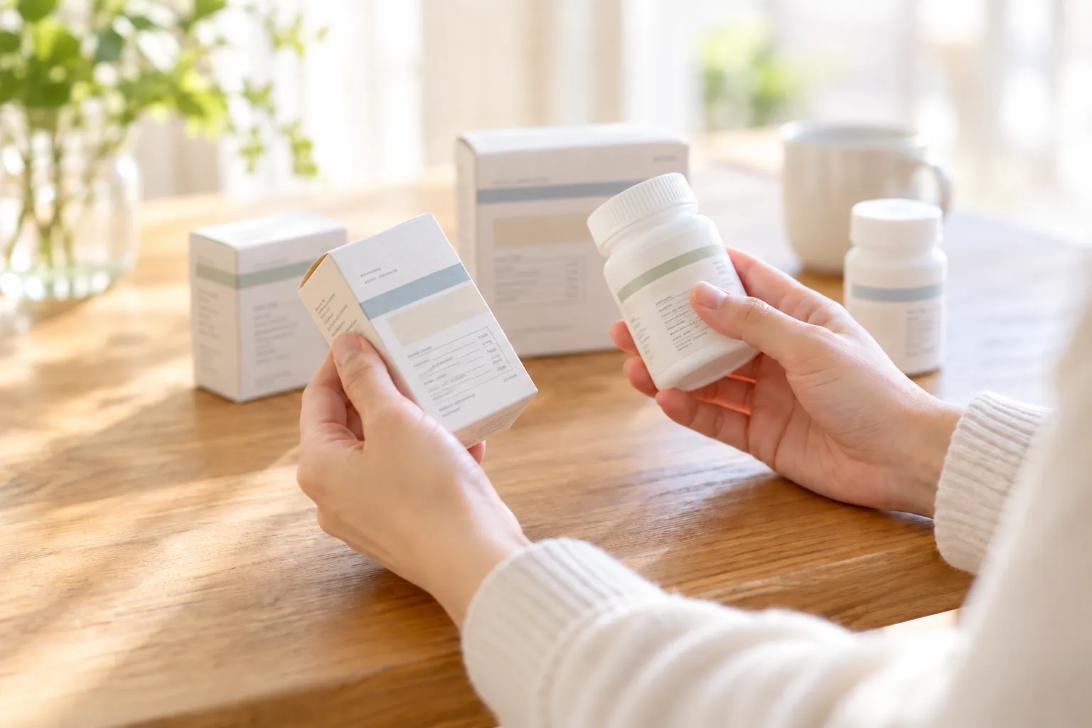 薬の箱とサプリメントを見比べる手元