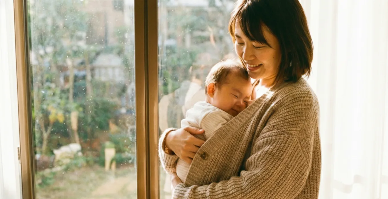 あかちゃんを抱っこする母親