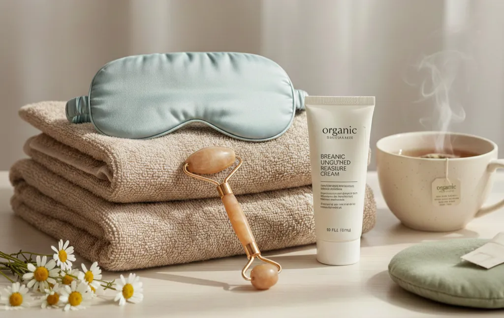 タオルの上に置かれたアイマスク、美容ローラー、スキンケアクリームと温かい飲み物