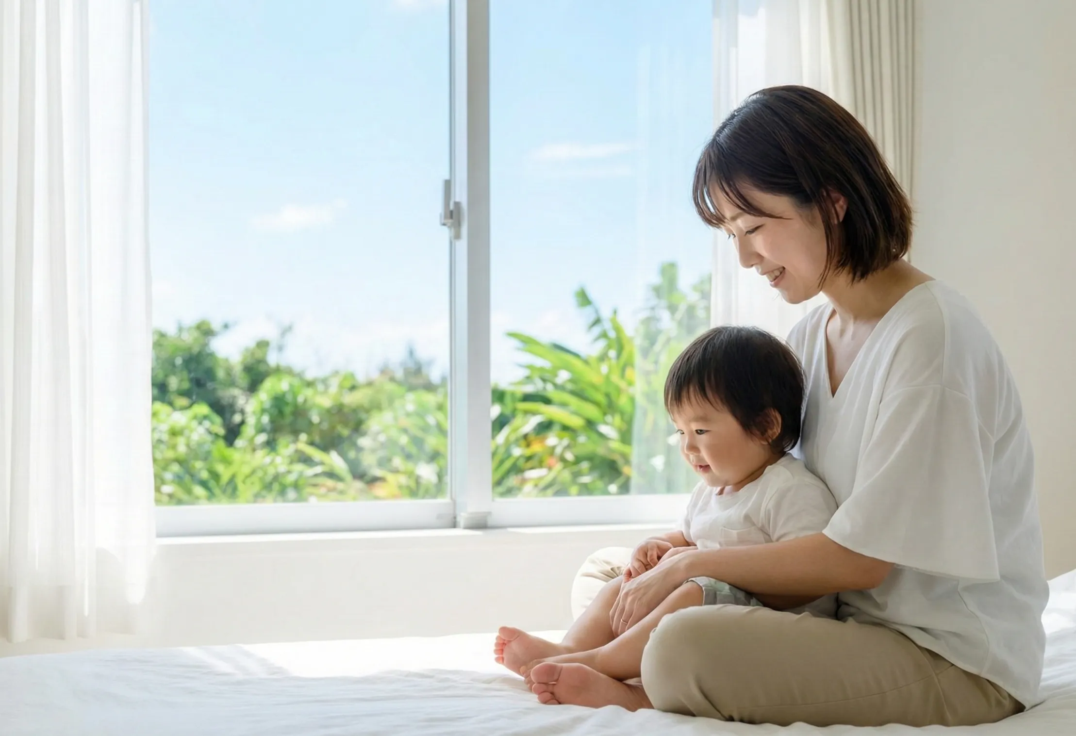 こどもがお母さんの膝に座っている