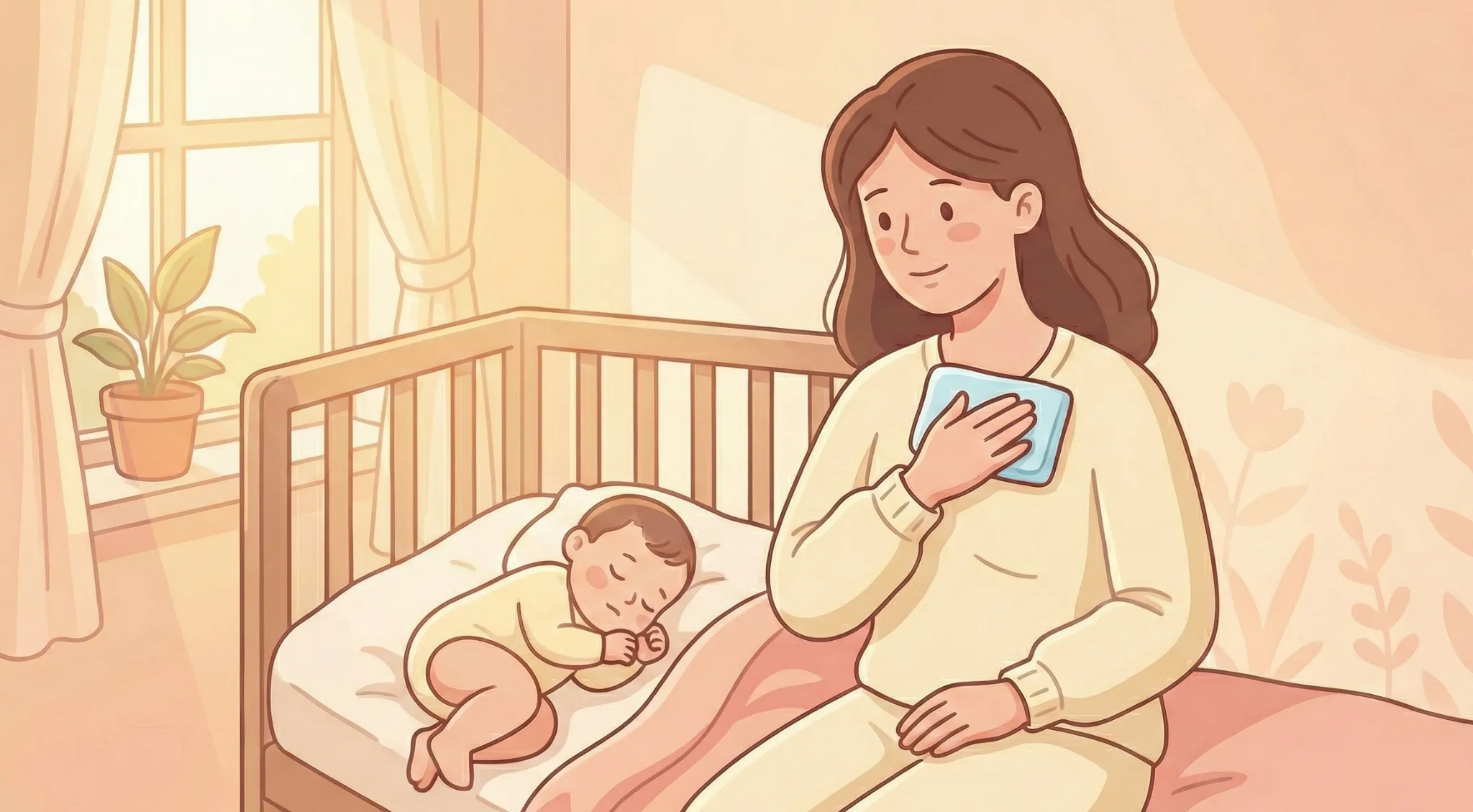眠る赤ちゃんのそばで、体を冷やしてケアする母親