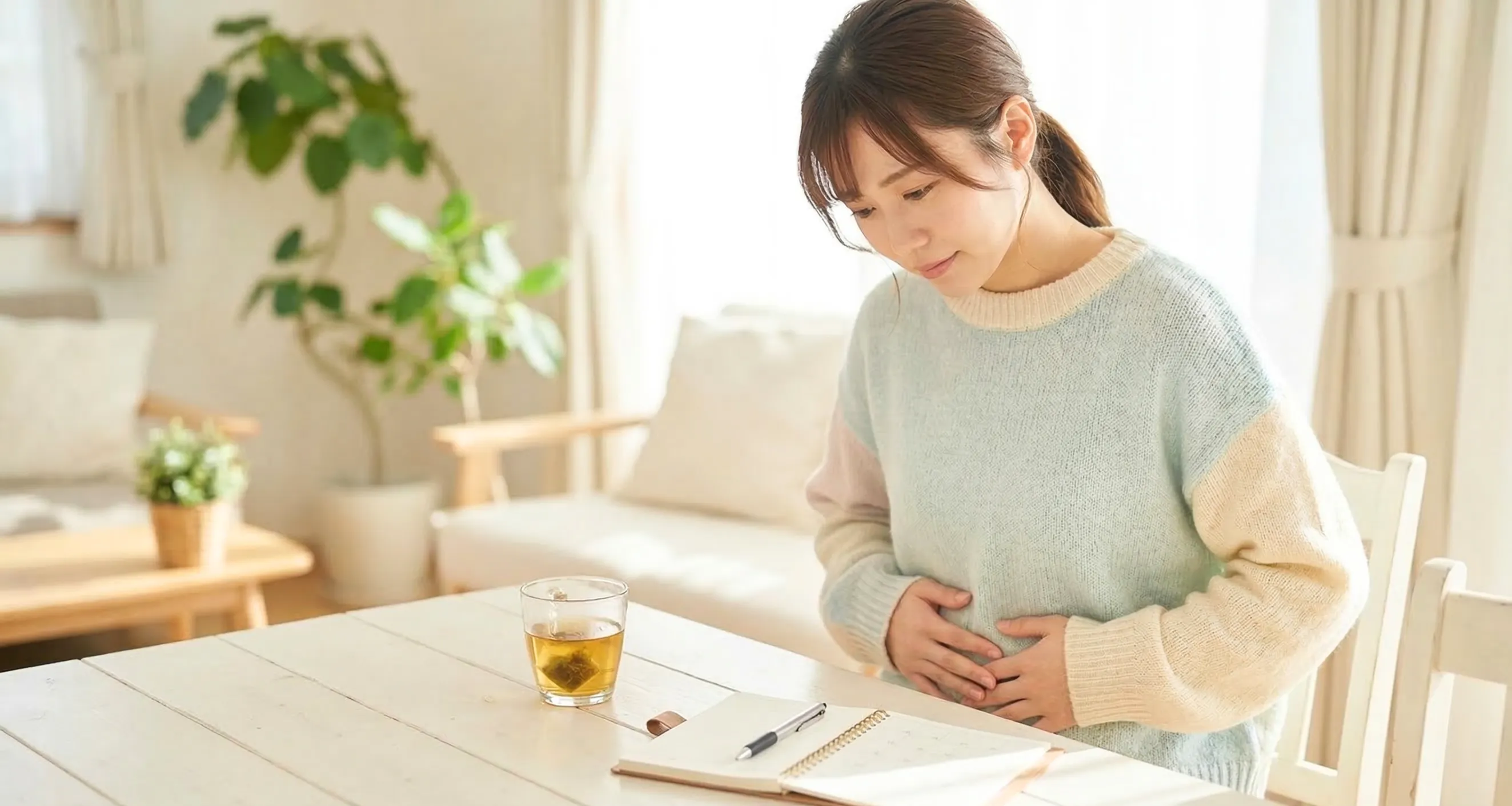 女性がおなかの不調を気にしている様子