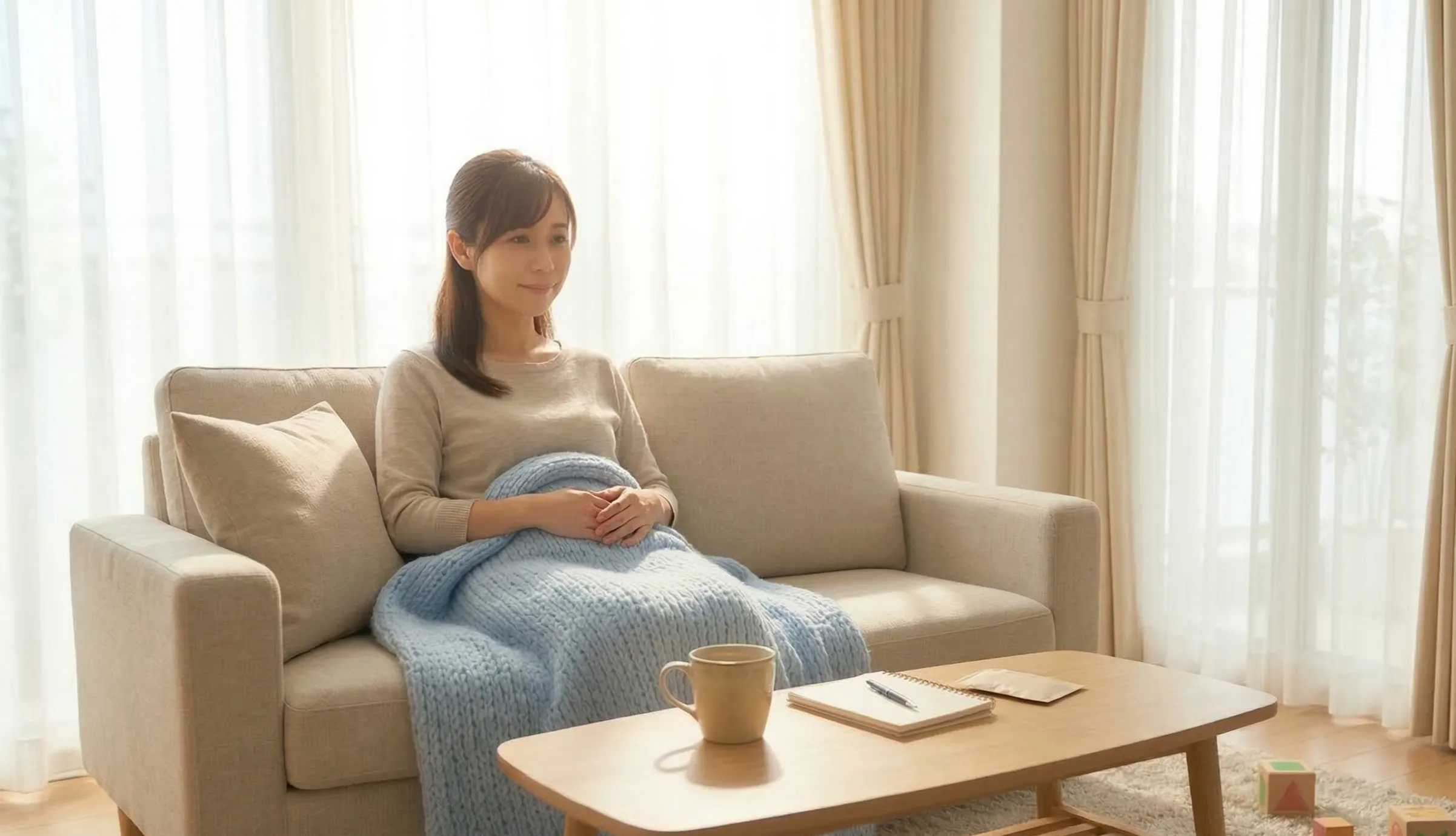 ソファであったかい飲み物を飲んでリラックスしている女性