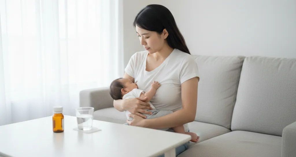 ソファに座り、赤ちゃんを抱っこしている母親