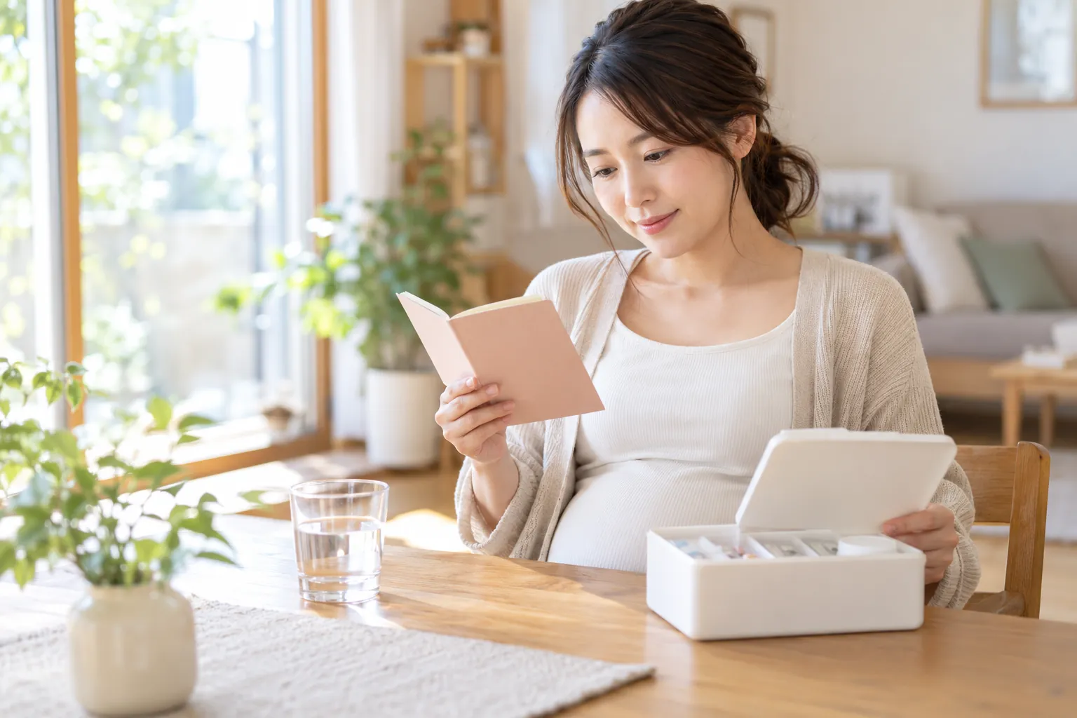 お薬手帳と薬を確認する妊婦