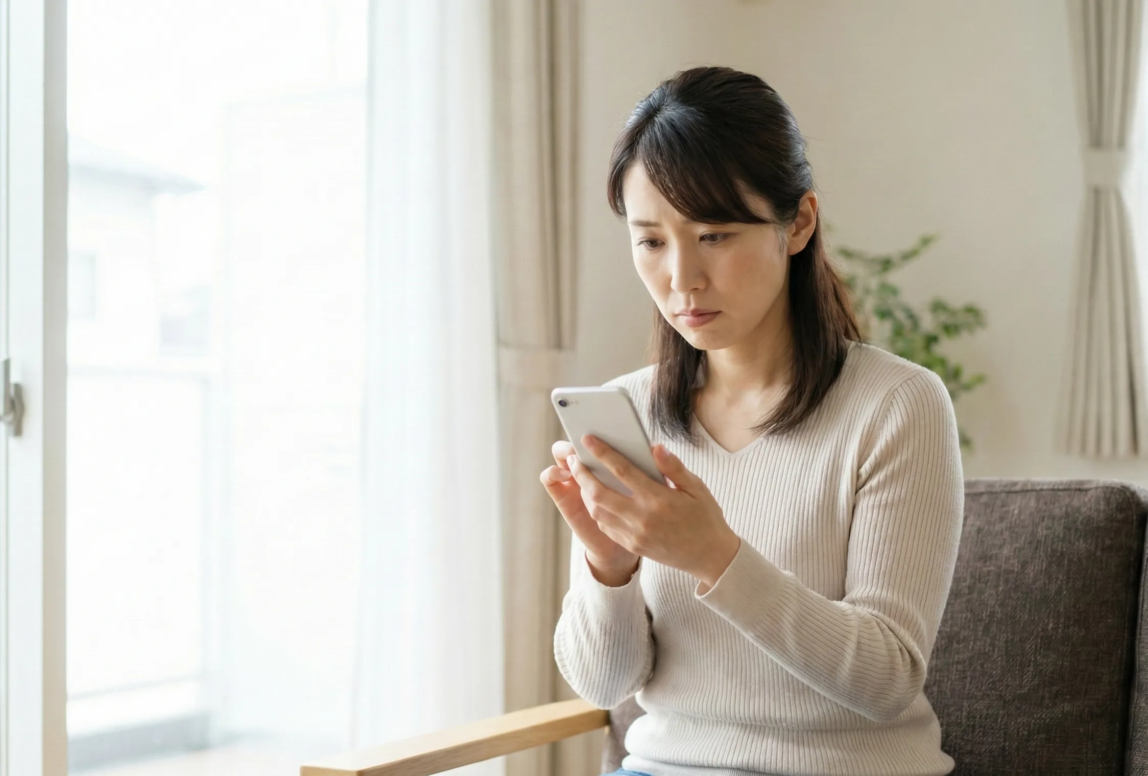 スマートフォンを険しい顔で見つめる様