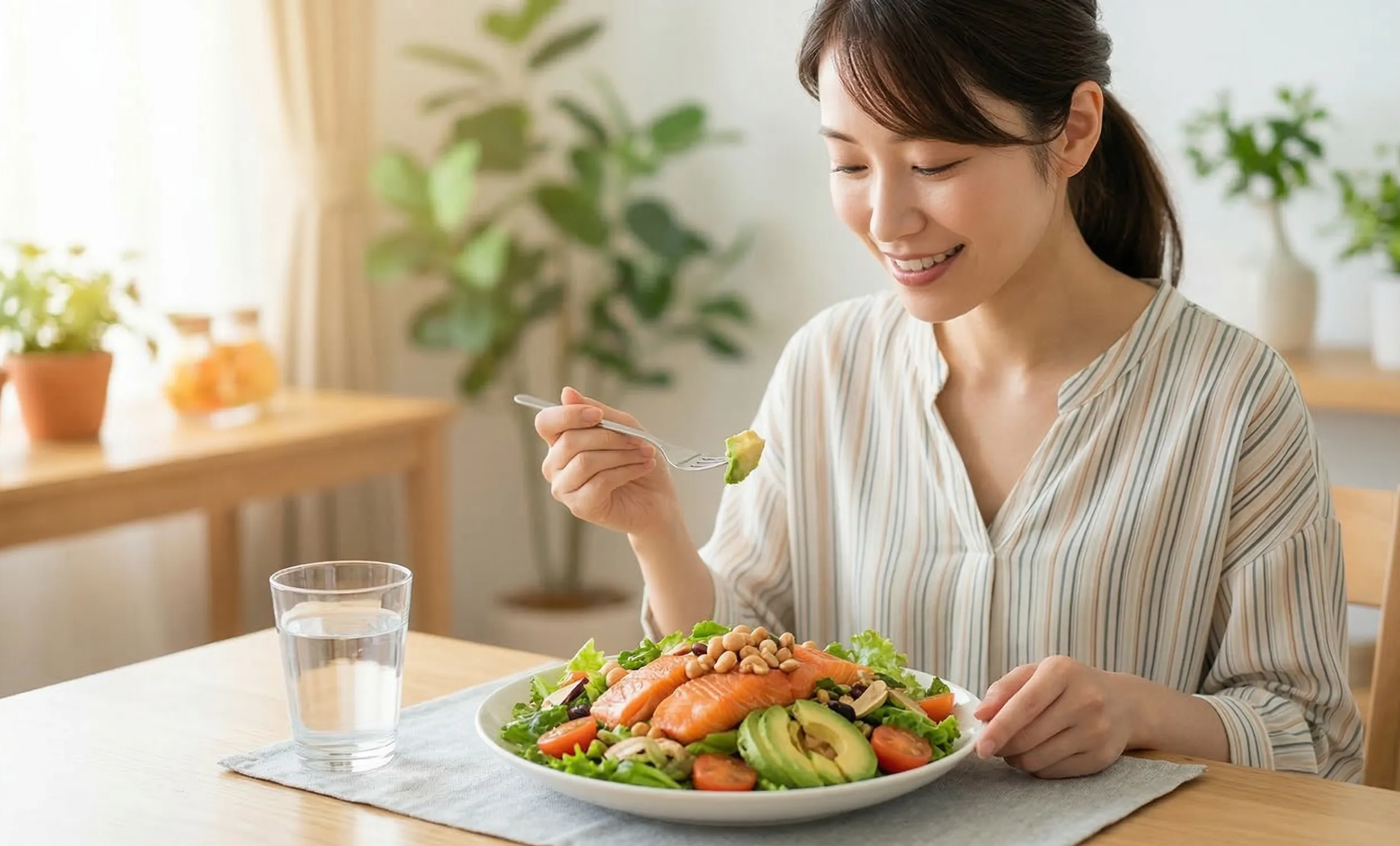 健康的な野菜をたくさん食べている女性