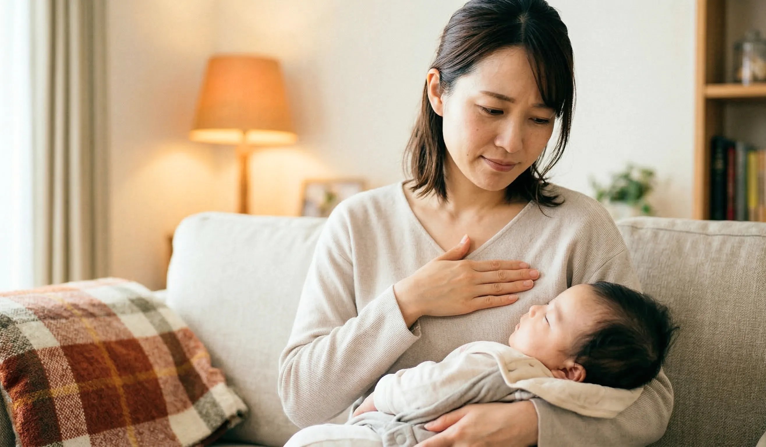悩んでいる表情で赤ちゃんを抱っこしている女性