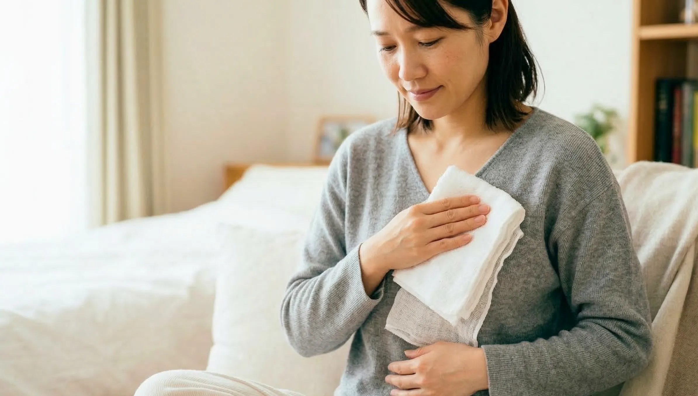 胸にタオルを当てている女性