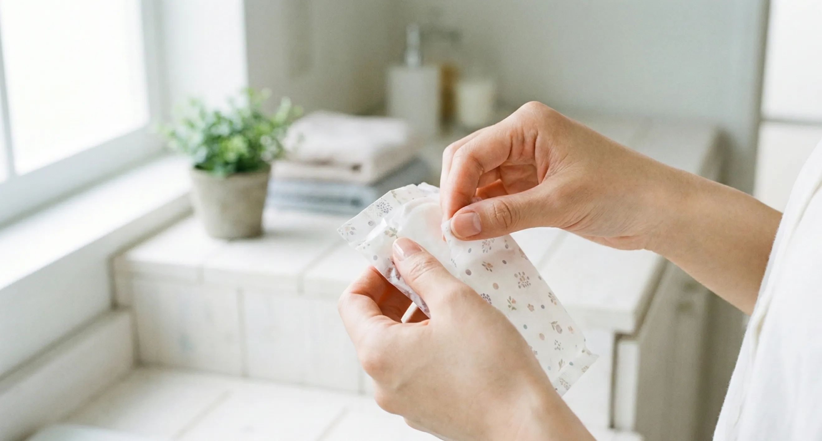 使い捨て母乳パットを開封してる様子