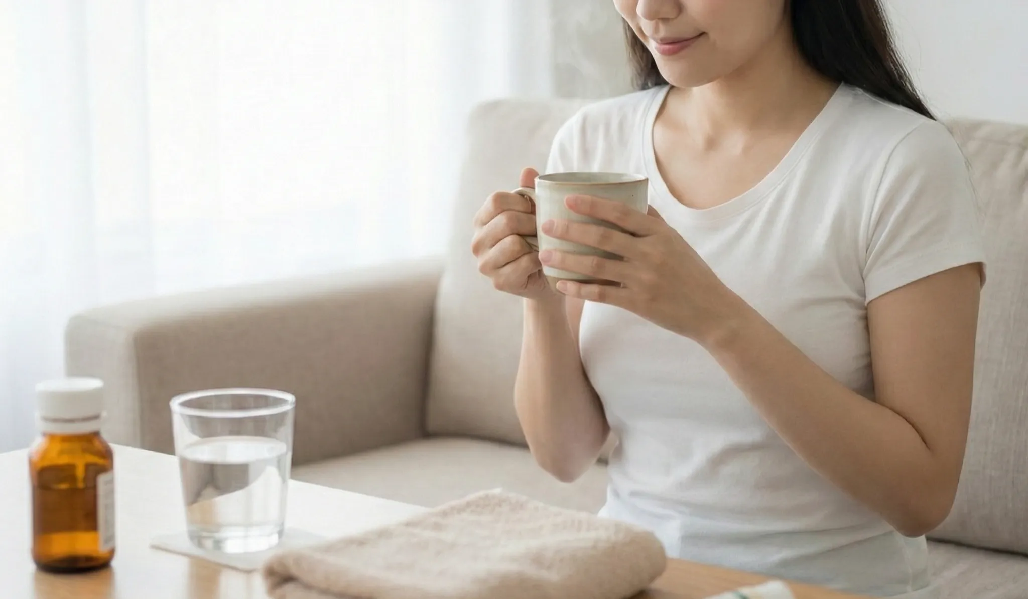 マグカップを持つ女性とテーブルの上の水と薬の瓶
