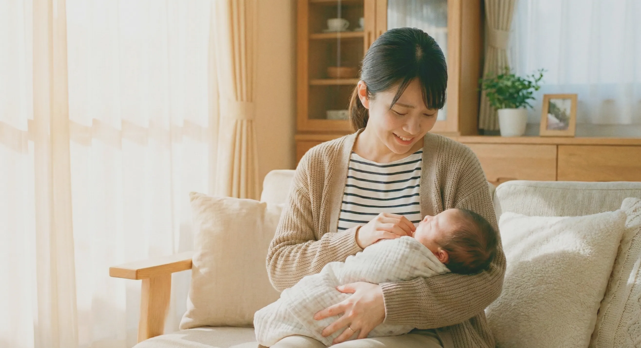 母親が微笑みながらあかちゃんを見つめる様子