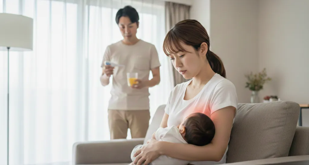 リビングで赤ちゃんに授乳している母親と、後ろで見守る父親