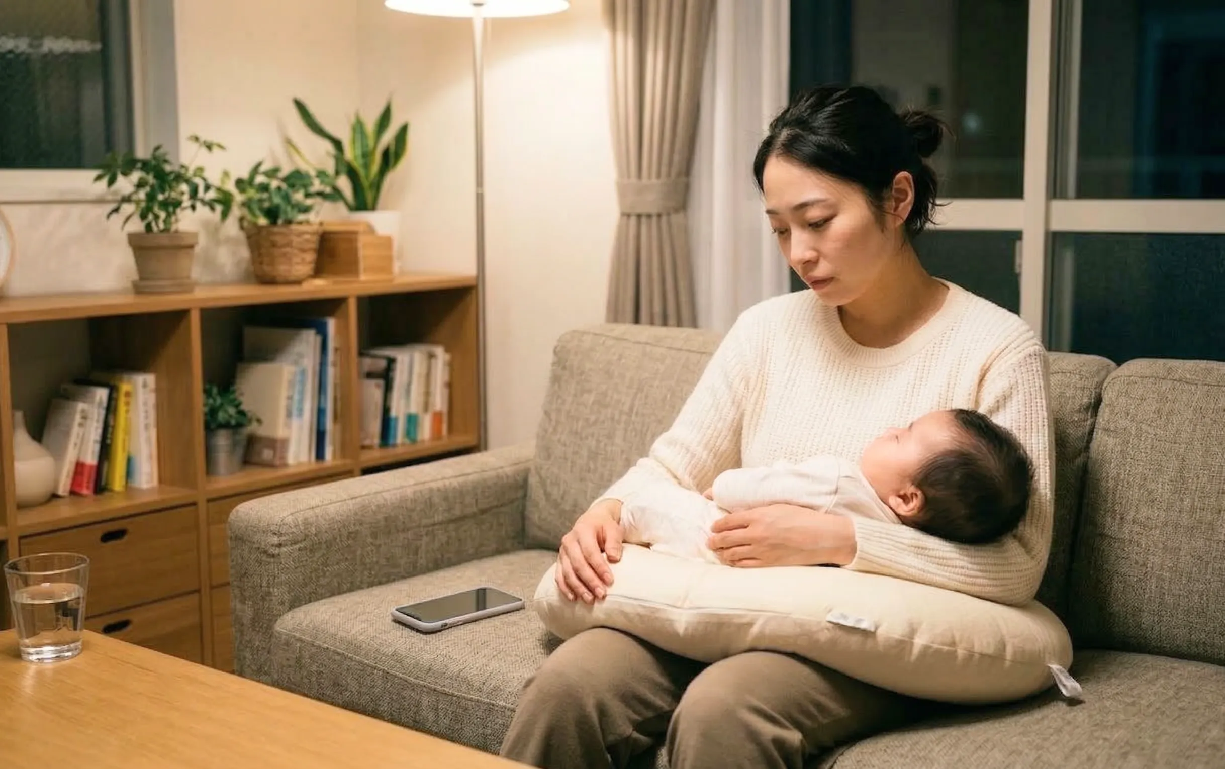 リビングで悩んでいる様子の女性