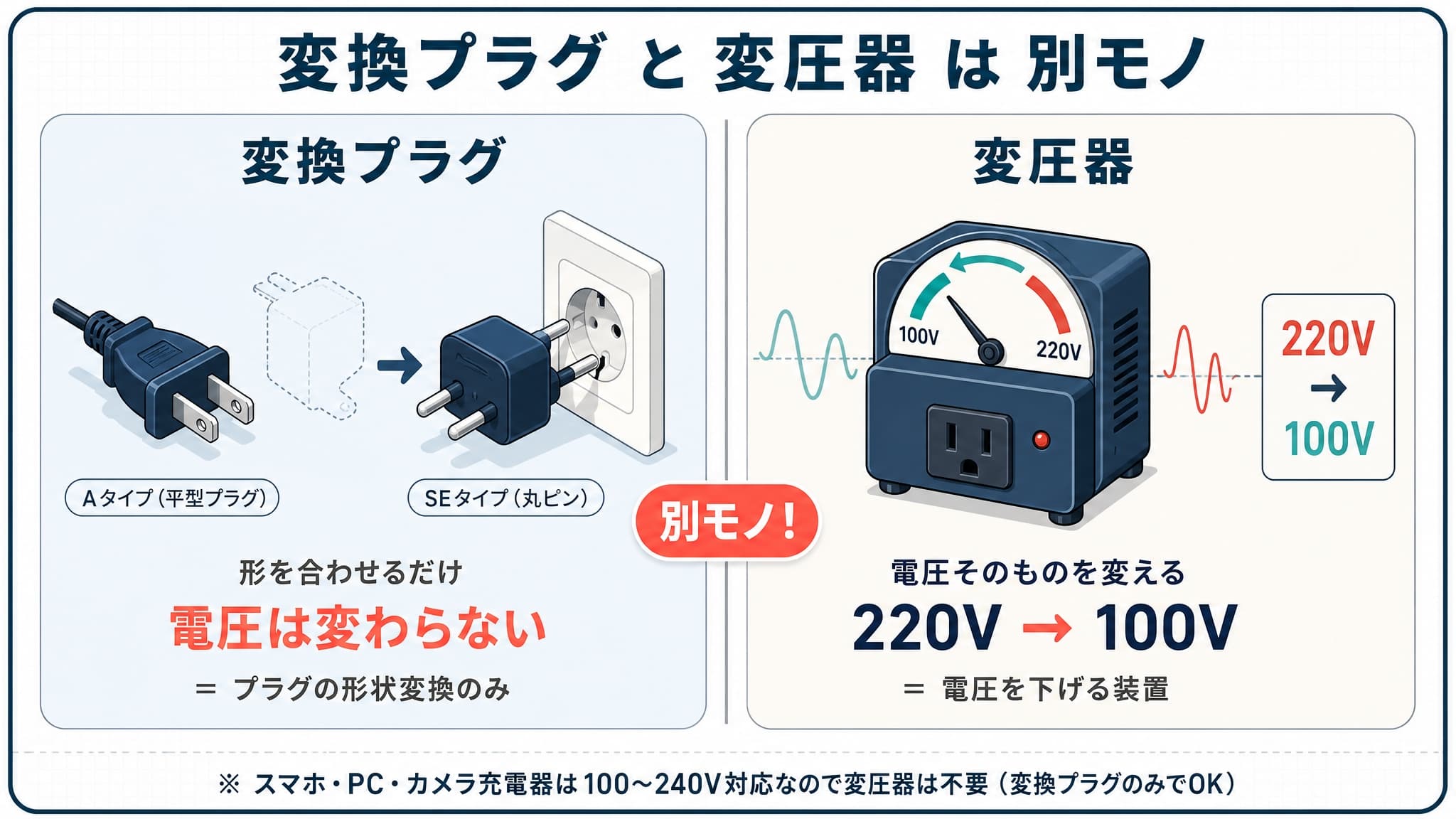 変換プラグと変圧器の役割の違い