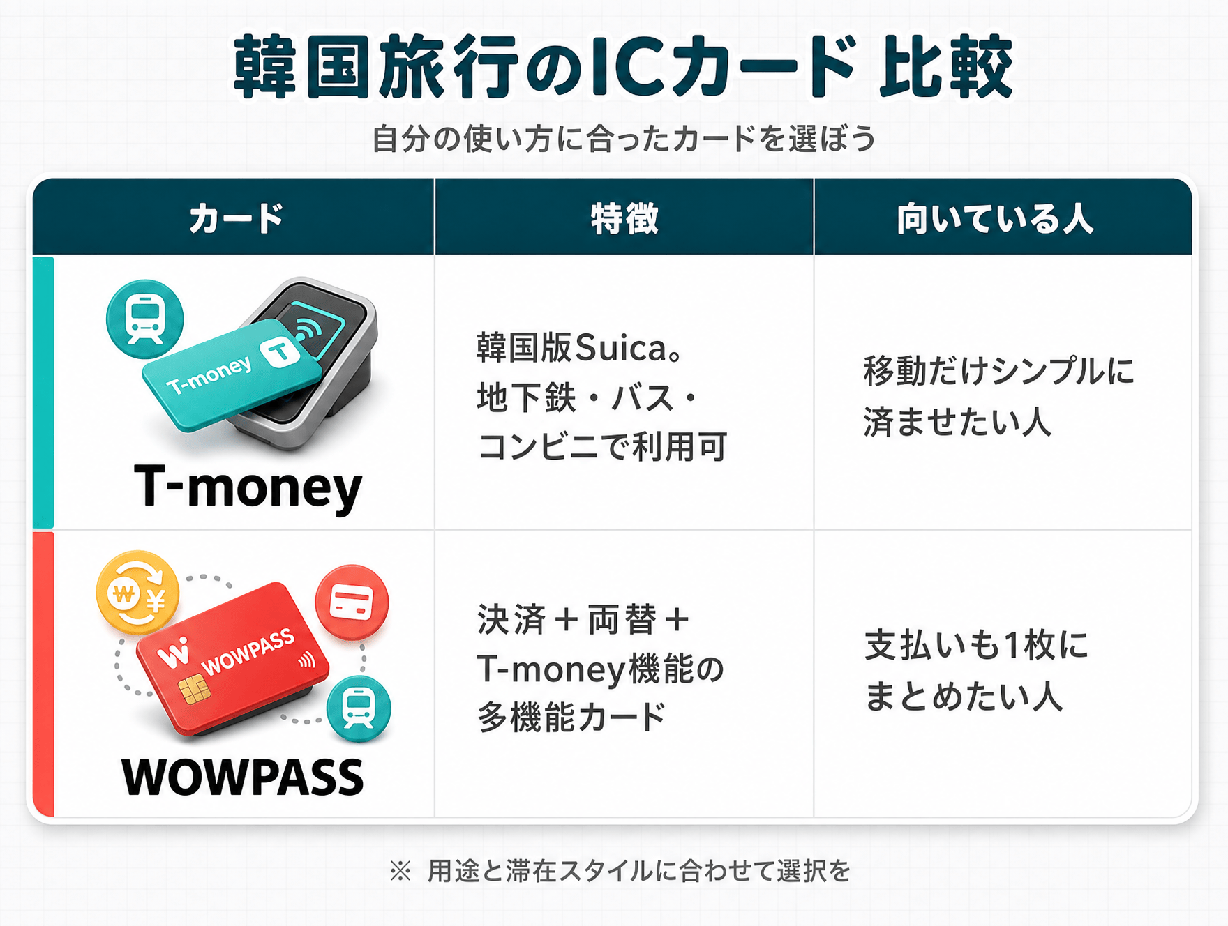 T-moneyとWOWPASSの機能比較