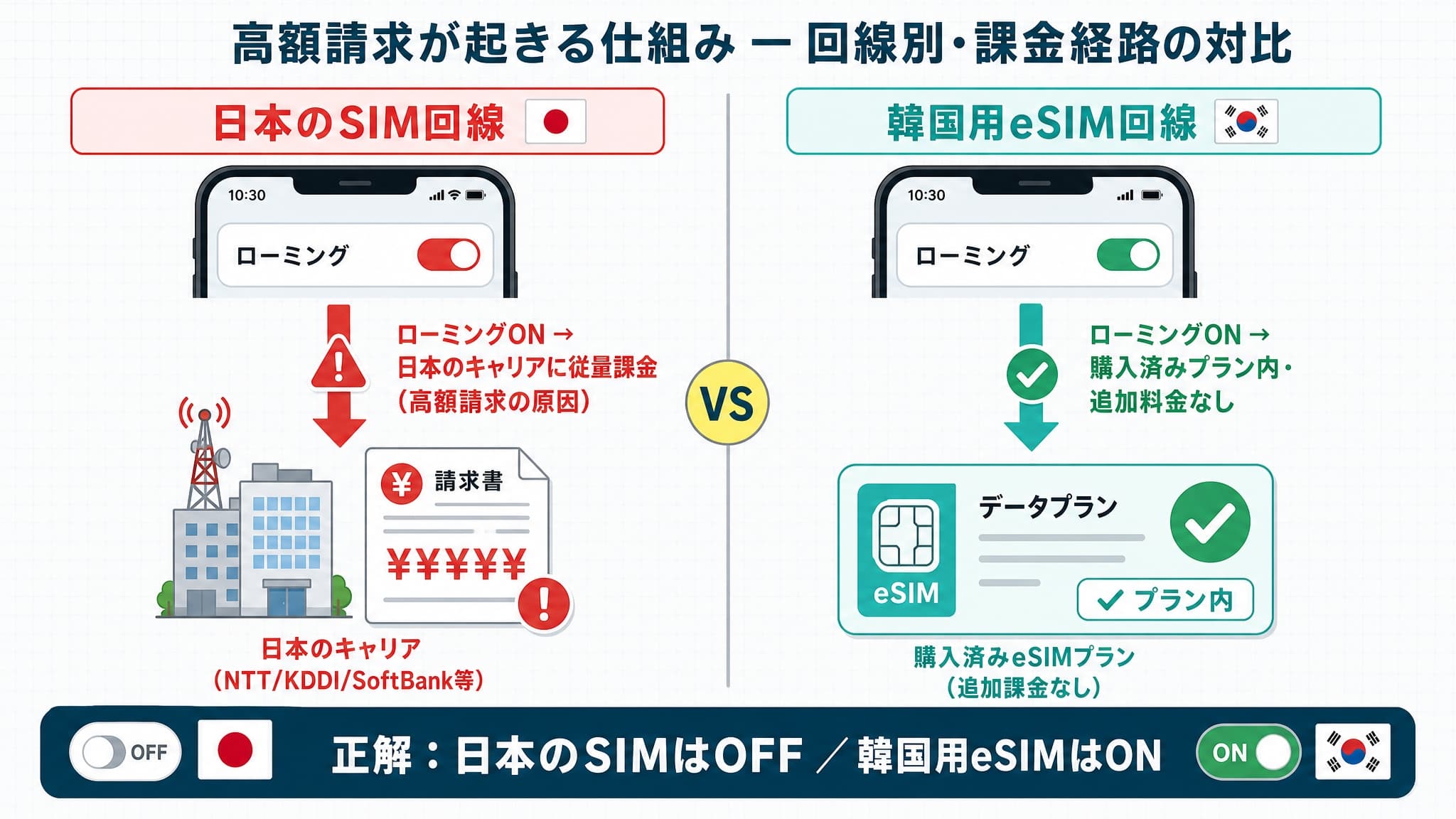 日本のSIM回線と韓国用eSIM回線のローミング課金経路の比較
