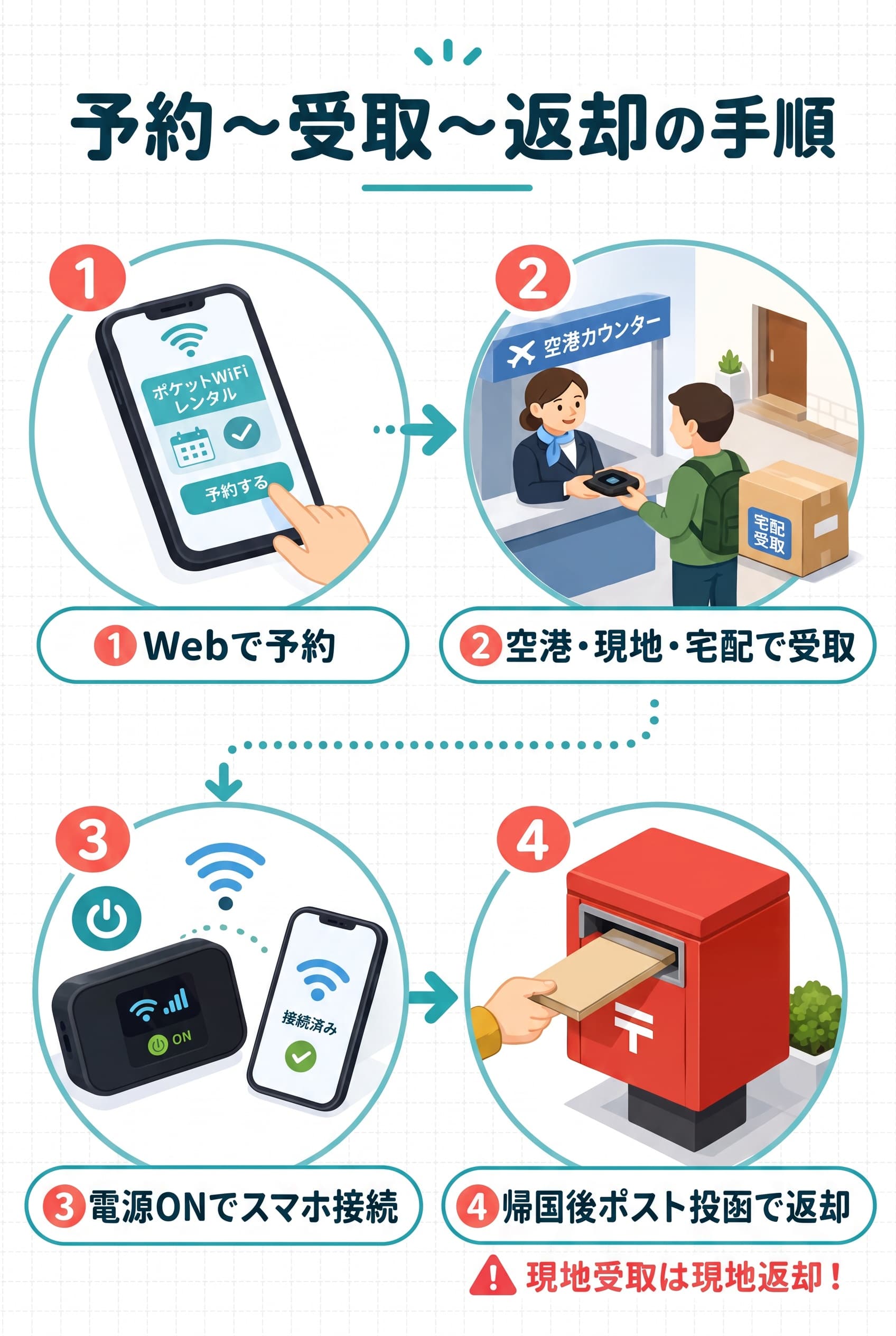 韓国WiFiレンタルをWeb予約して受け取り、接続し、返却するまでの4手順