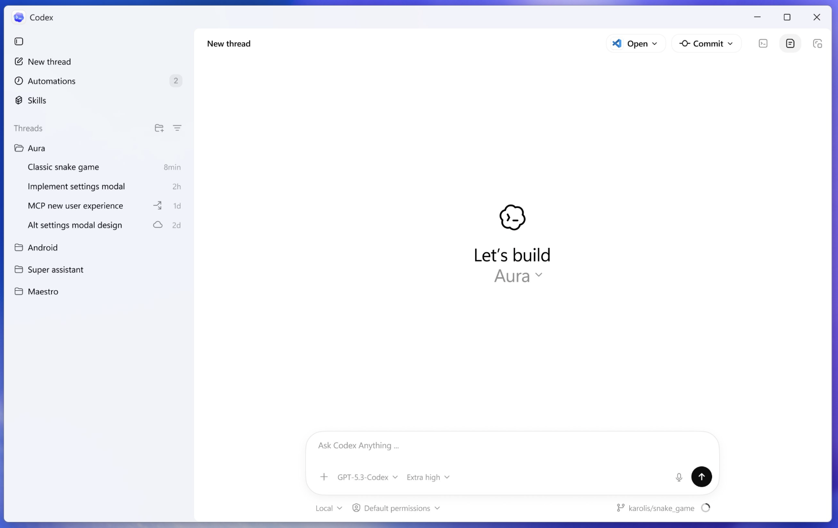 Codex起動時の画面