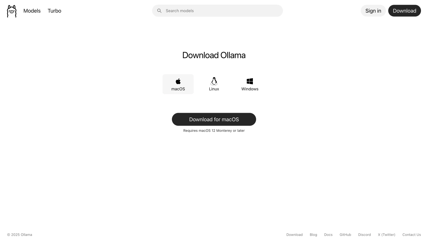 Ollama公式サイトのダウンロードページ