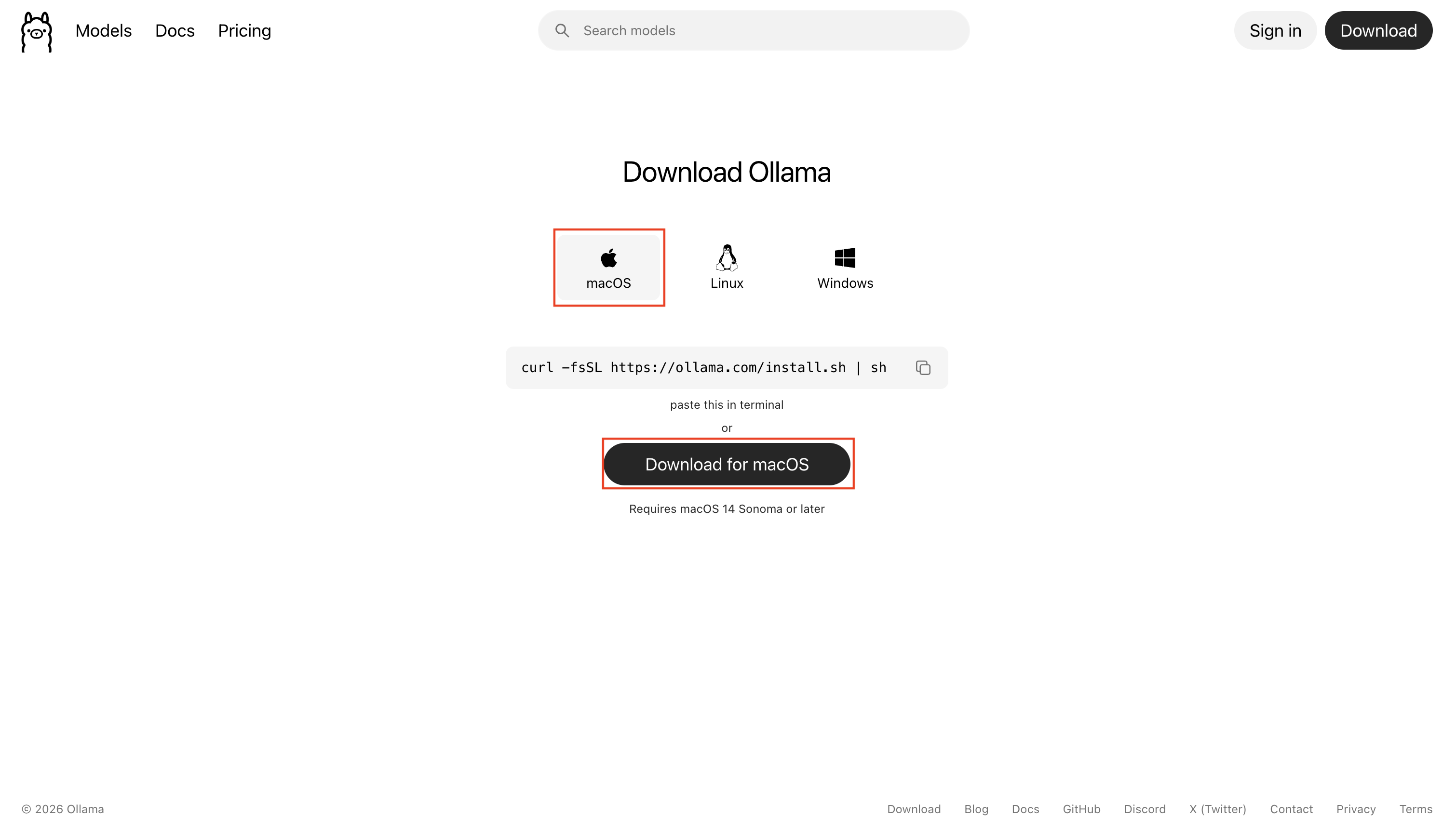Ollamaのダウンロードページの画像