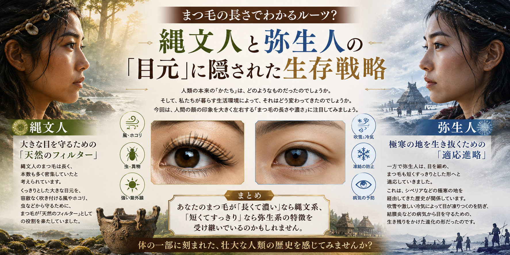 まつ毛の長さでわかるルーツ？縄文人と弥生人の「目元」に隠された生存戦略