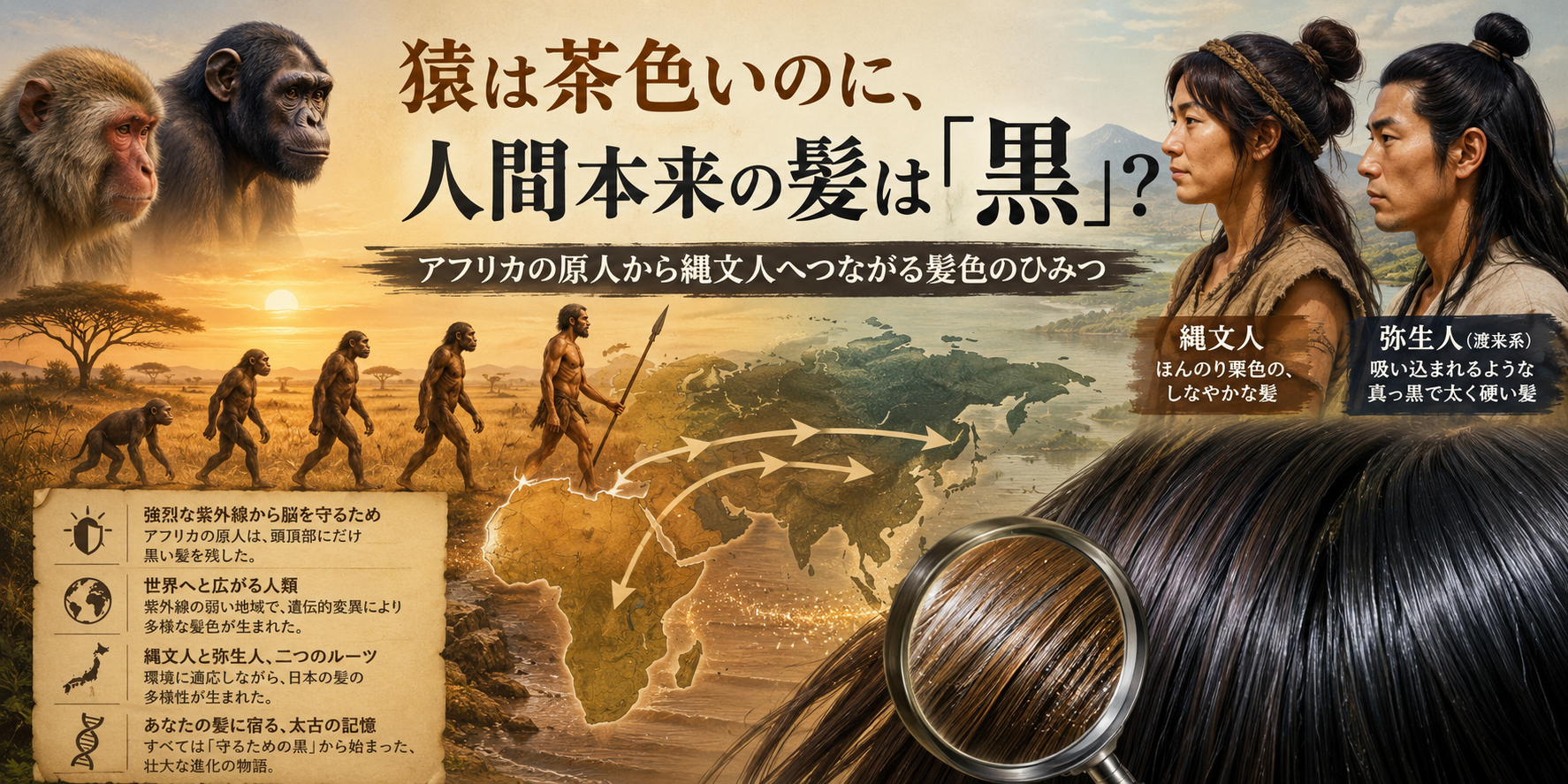 猿は茶色いのに、人間本来の髪は「黒」？ アフリカの原人から縄文人へつながる髪色のひみつ