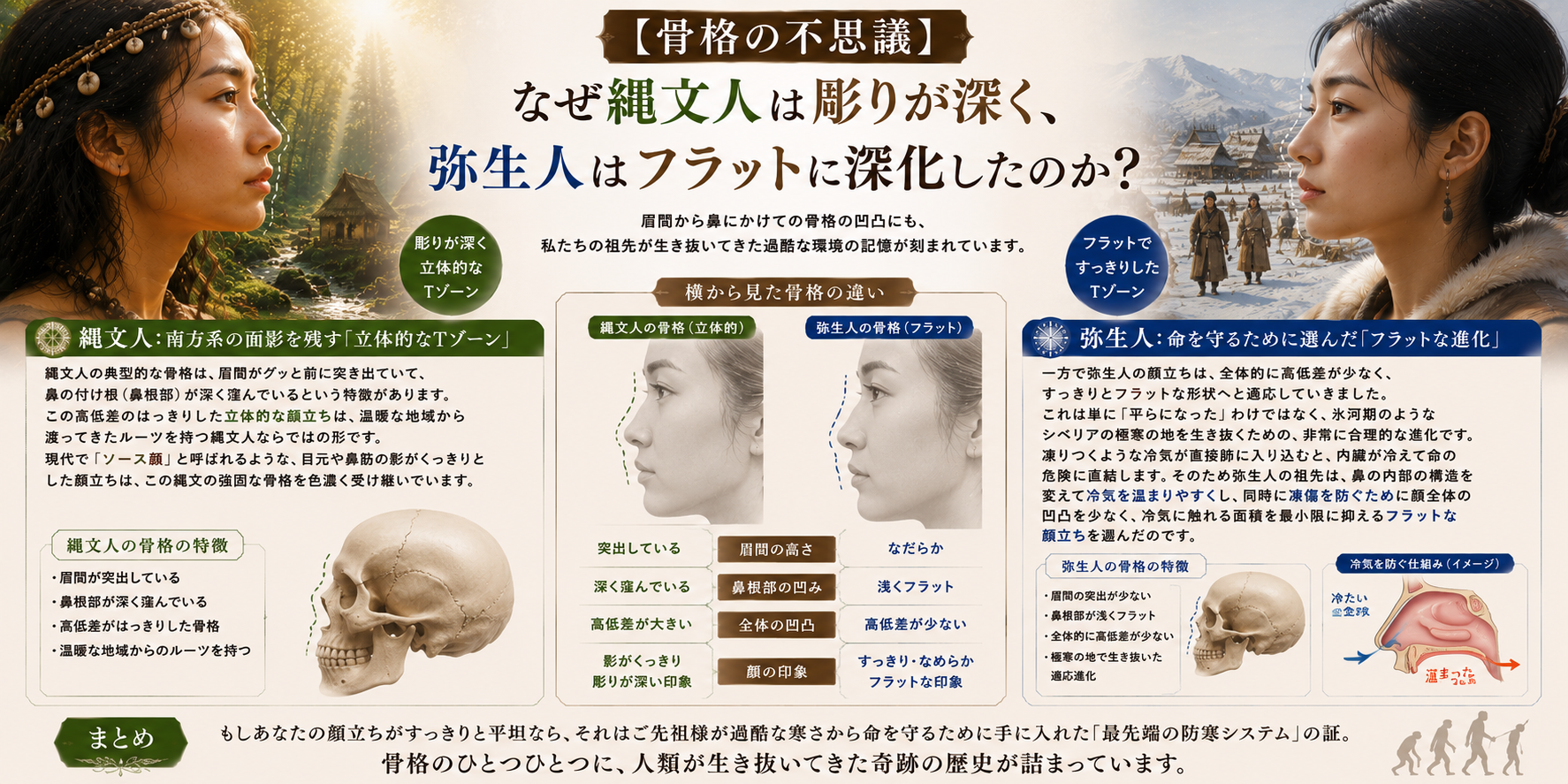 【骨格の不思議】なぜ縄文人は彫りが深く、弥生人はフラットに深化したのか？