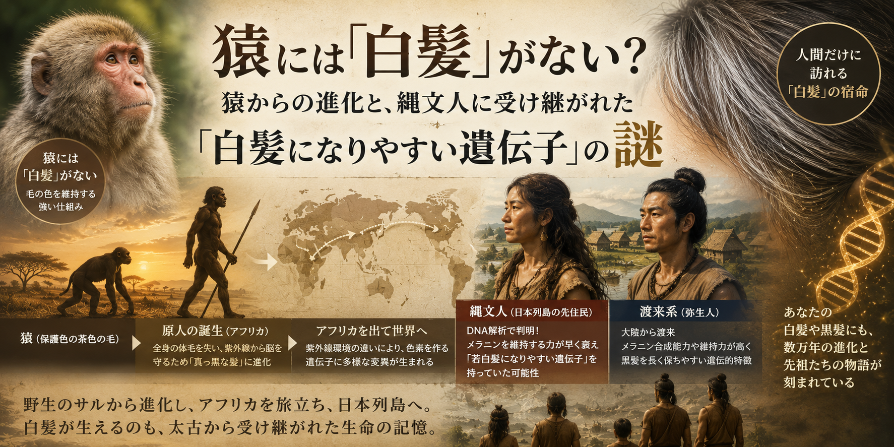 猿には「白髪」がない？ 猿からの進化と、縄文人に受け継がれた「白髪になりやすい遺伝子」の謎