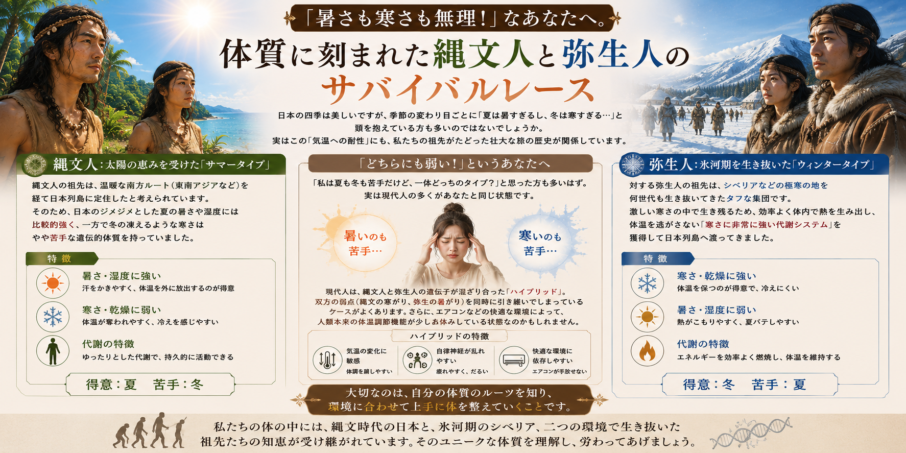 「暑さも寒さも無理！」なあなたへ。体質に刻まれた縄文人と弥生人のサバイバルレース